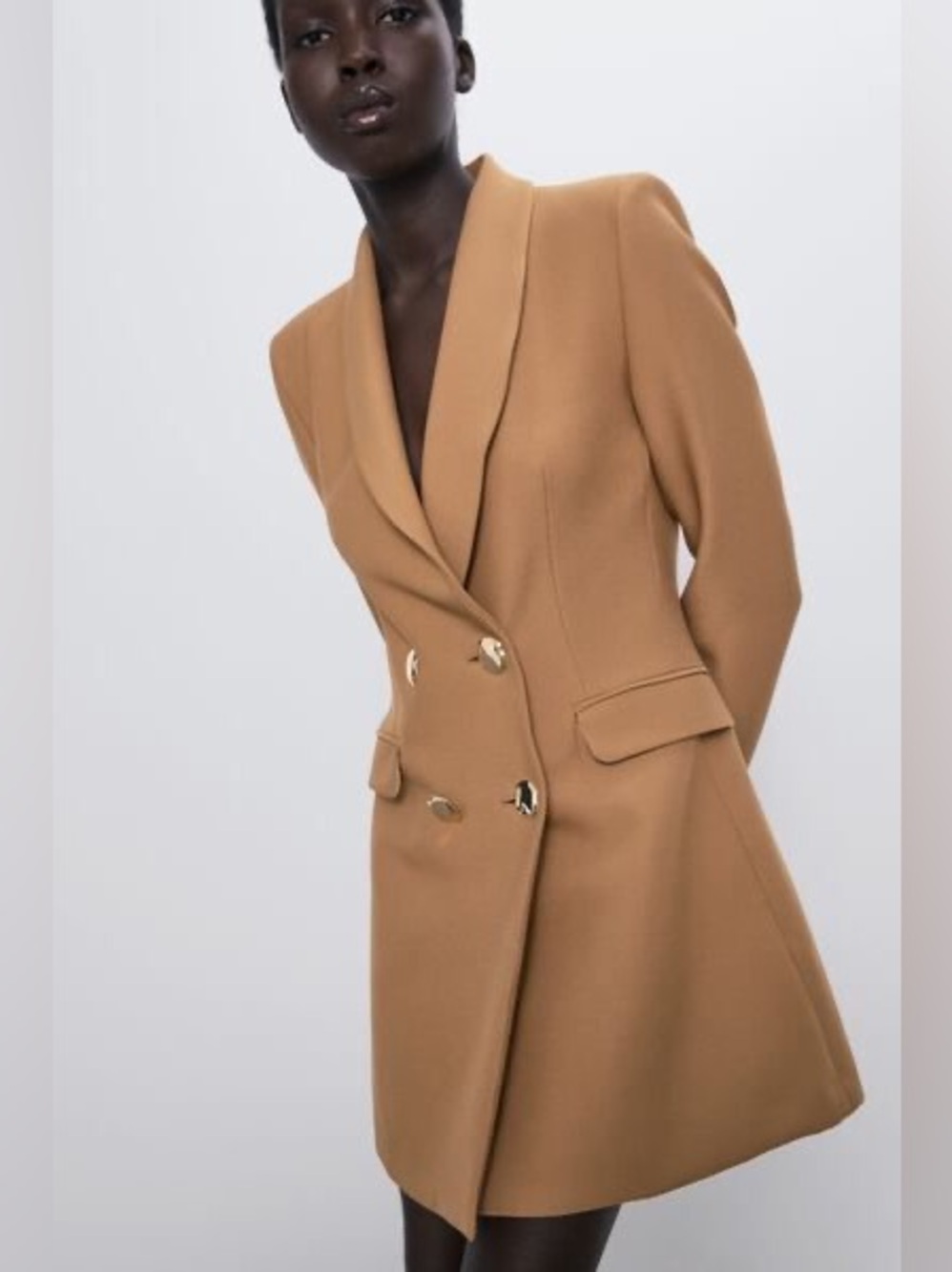 ZARA Long Tan Double Breasted Blazer Mini Dress Size Small